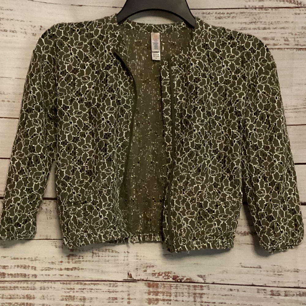 LuLaRoe Kids Jacket in Olive Green Floral Lace Pattern